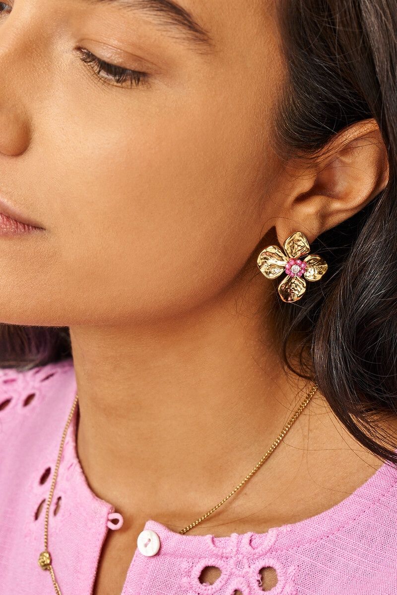 MY Botanical Drop Earrings With Flower And Pink Strass
