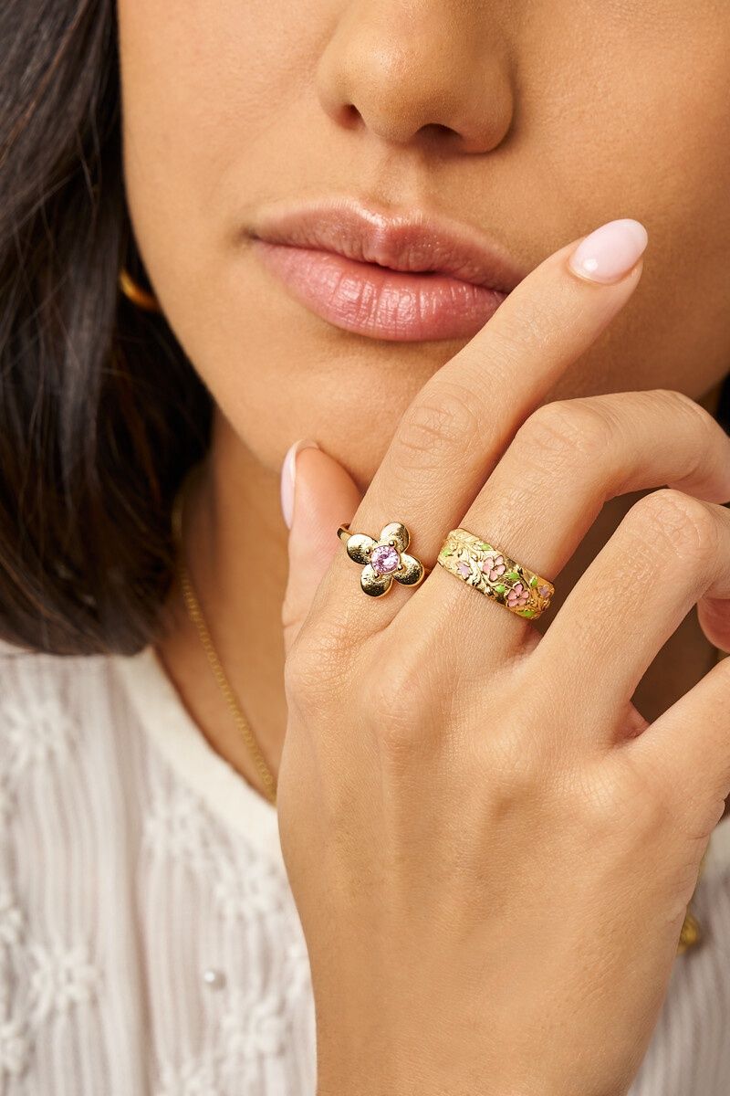 MY Botanical Ring Met Bloem En Roze Strass