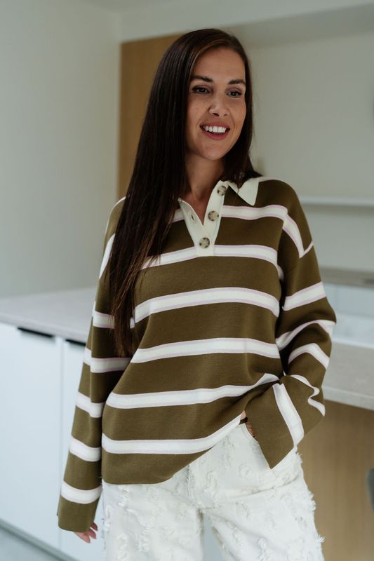 Polo Knit Isabell Fir Green Stripes
