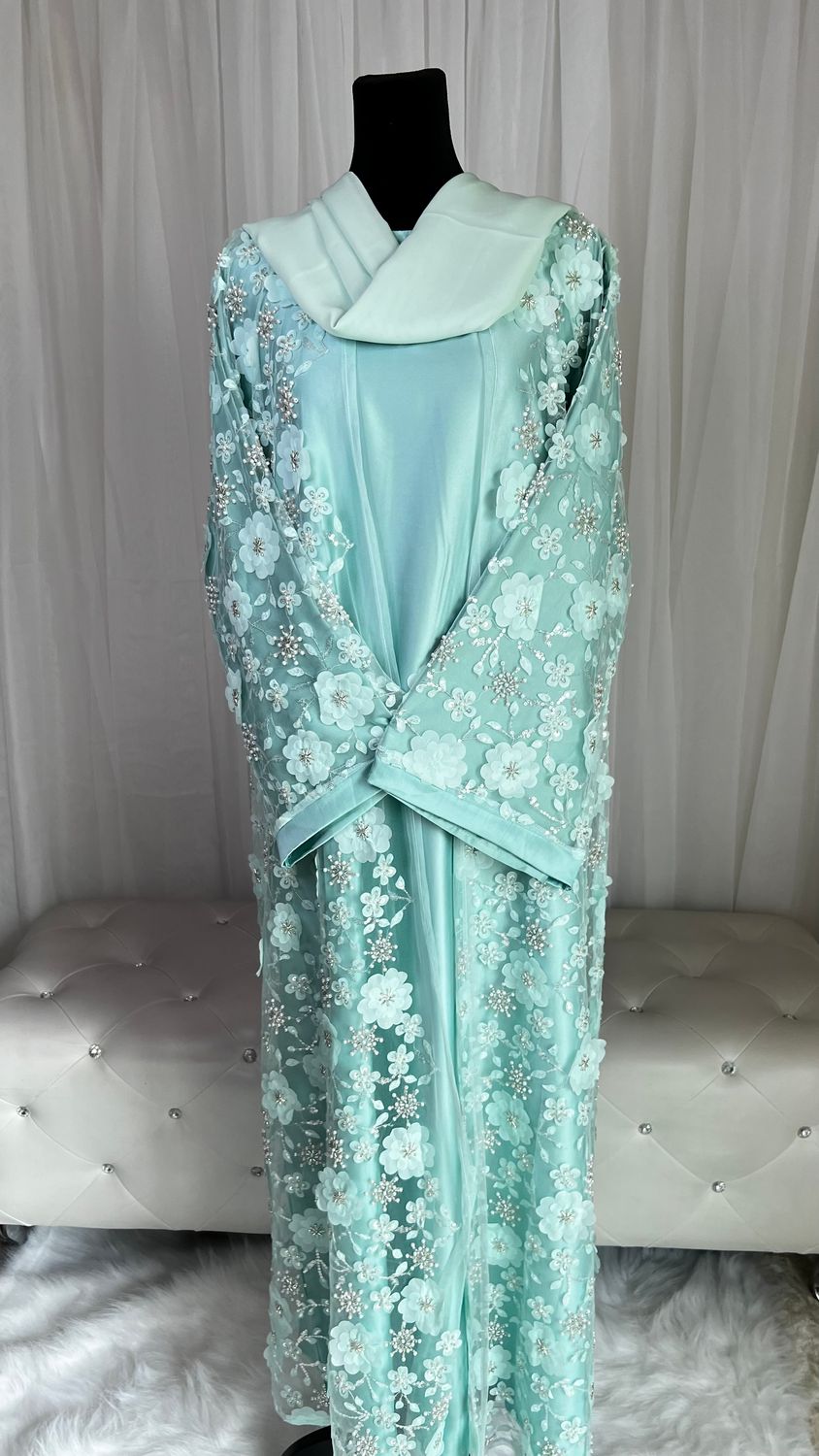 Dalal Luxury Flower Embroidery Mesh Abaya set