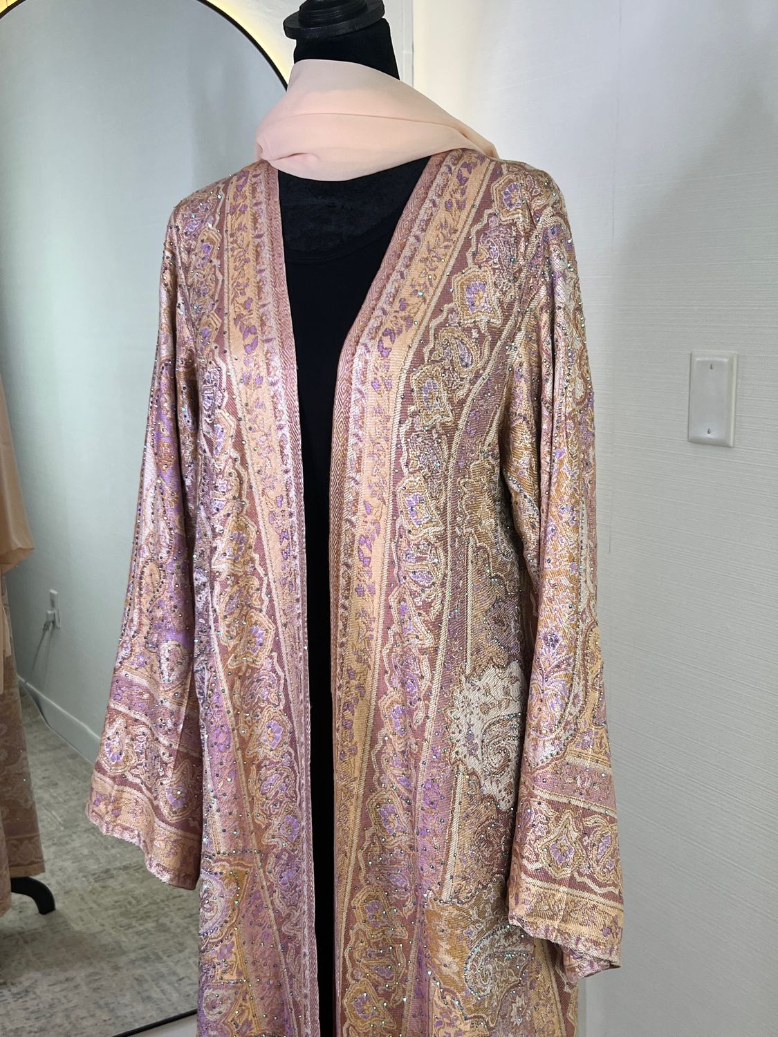 Peach Blush Pashmina open Abaya
