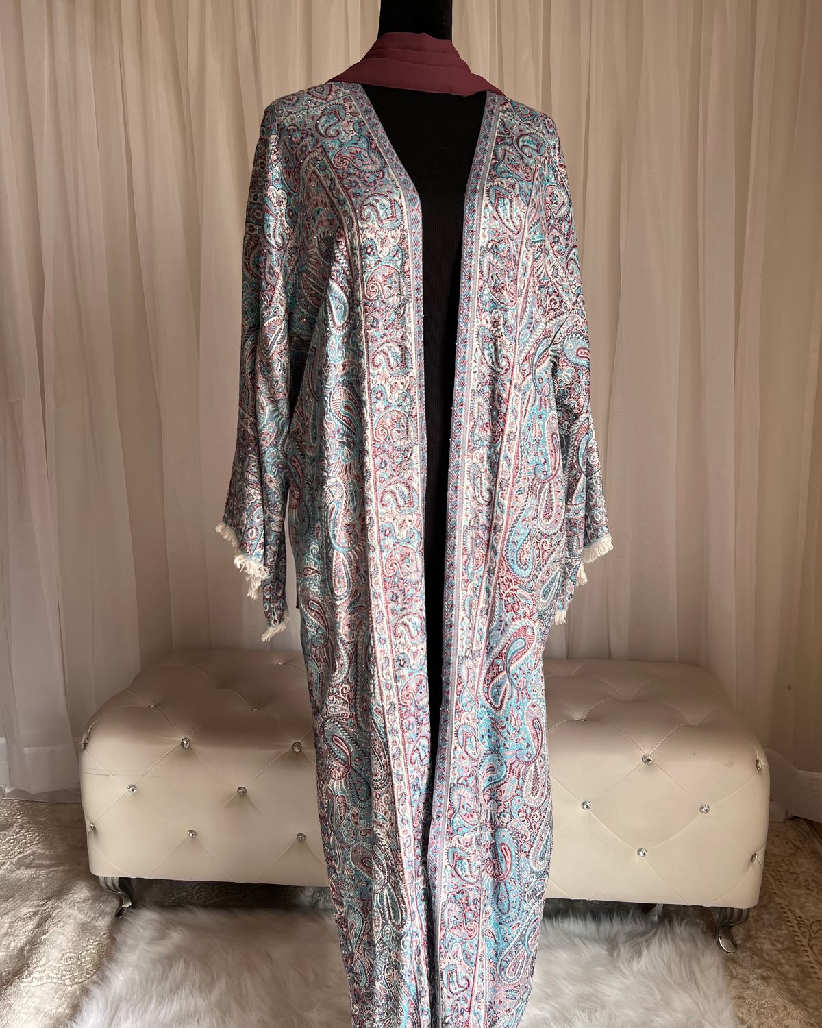 Blue &amp; Burgundy Pashmina open Abaya