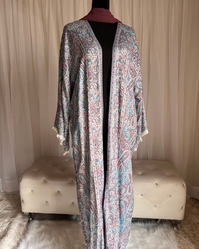 Blue &amp; Burgundy Pashmina open Abaya