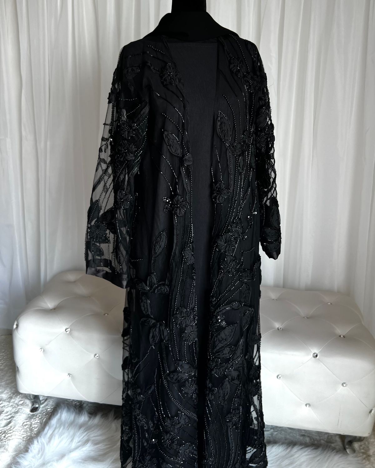 Dark Pearl Luxury Flower Embroidery Mesh Abaya set