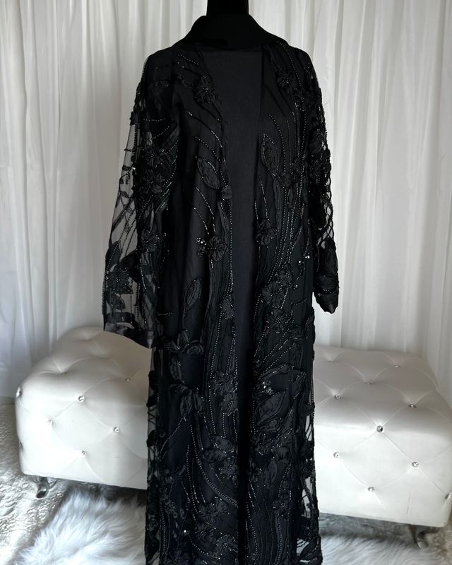 Dark Pearl Luxury Flower Embroidery Mesh Abaya set