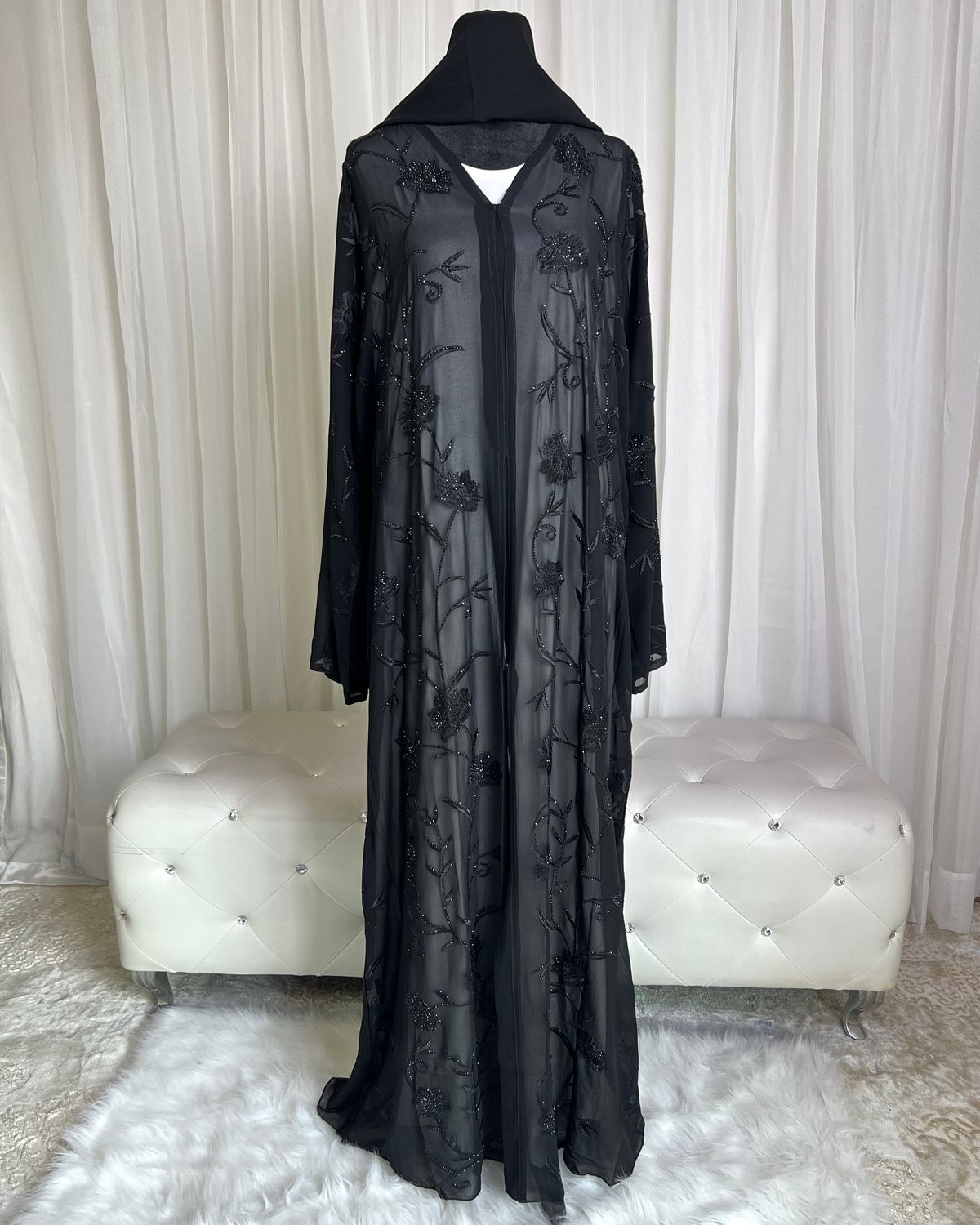 Zeenat Embroidered Chiffon Open Abaya – Lightweight Sheer Finish