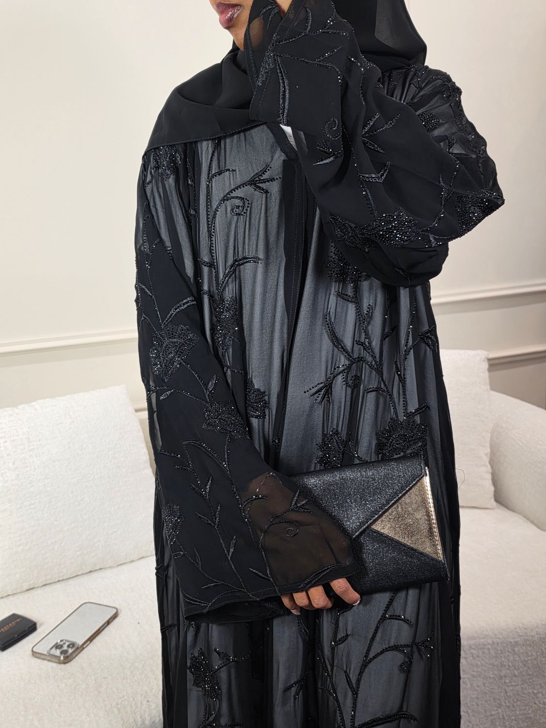 Zeenat Embroidered Chiffon Open Abaya – Lightweight Sheer Finish