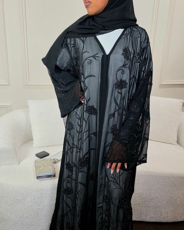 Zeenat Embroidered Chiffon Open Abaya – Lightweight Sheer Finish
