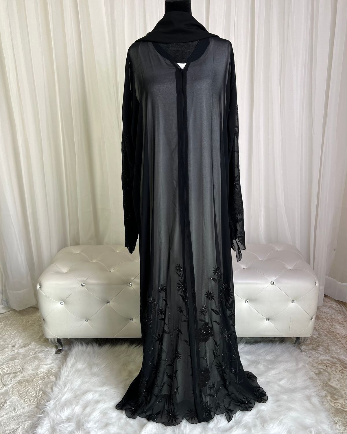 Anaqa Embroidered Chiffon Open Abaya – Lightweight Sheer Finish