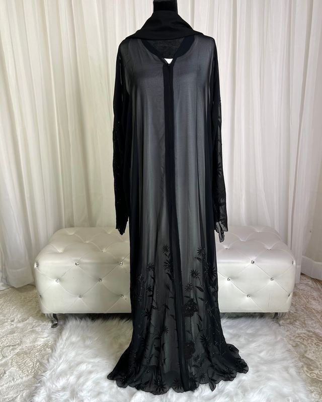 Anaqa Embroidered Chiffon Open Abaya – Lightweight Sheer Finish