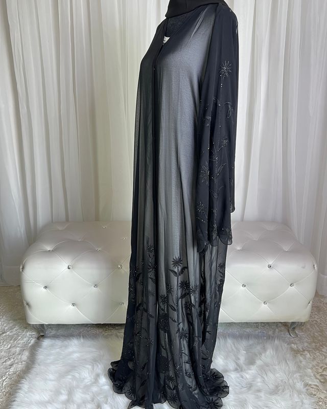 Anaqa Embroidered Chiffon Open Abaya – Lightweight Sheer Finish