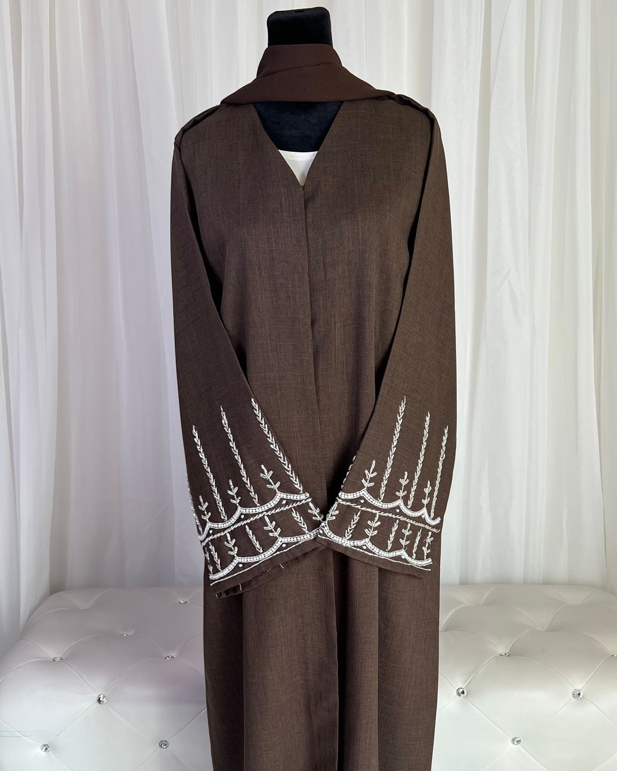 Marwa Linen Open  Abaya (brown and beige)
