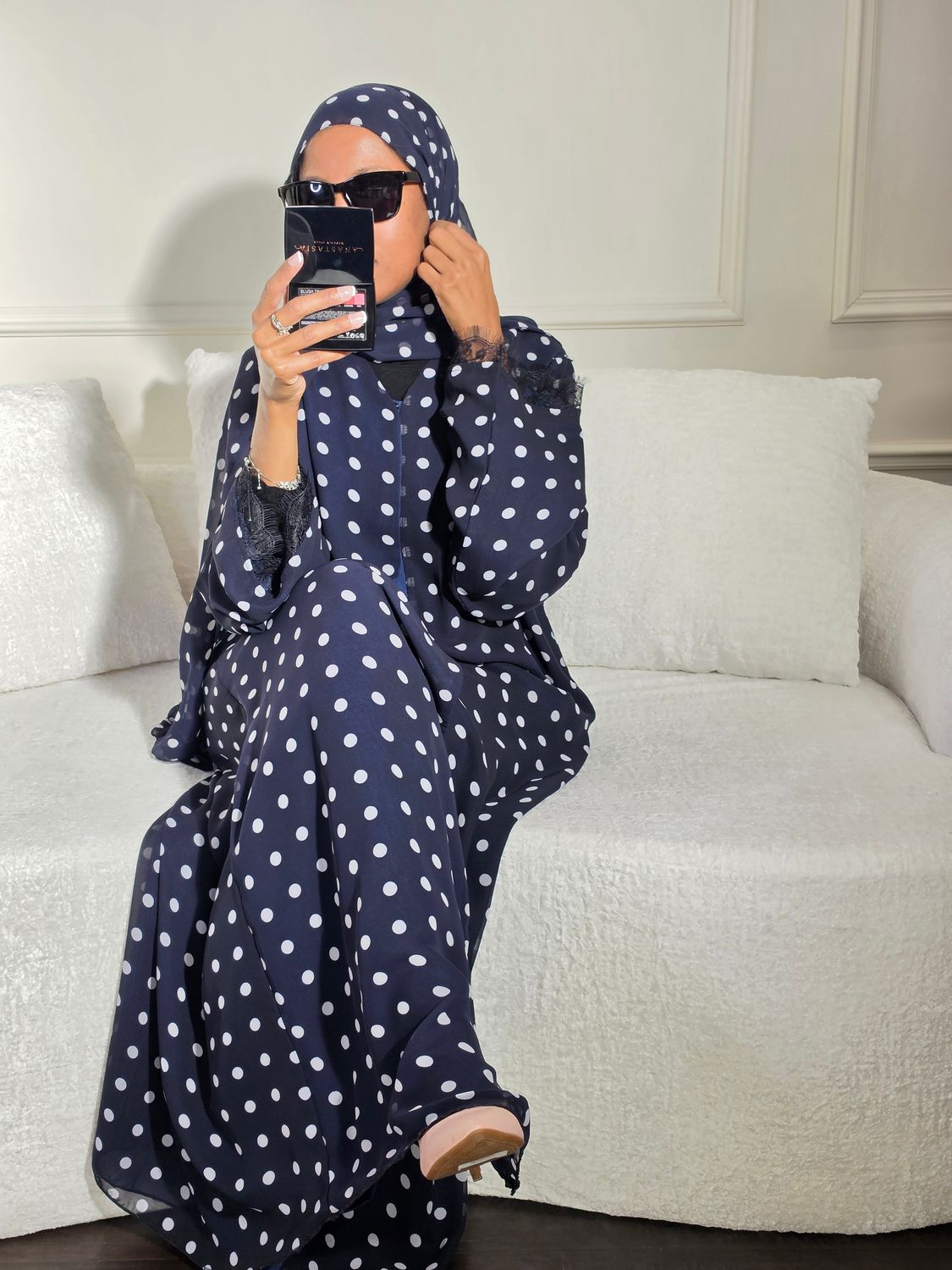 Basma Polka Dot Double Chiffon Open Abaya with Matching Hijab