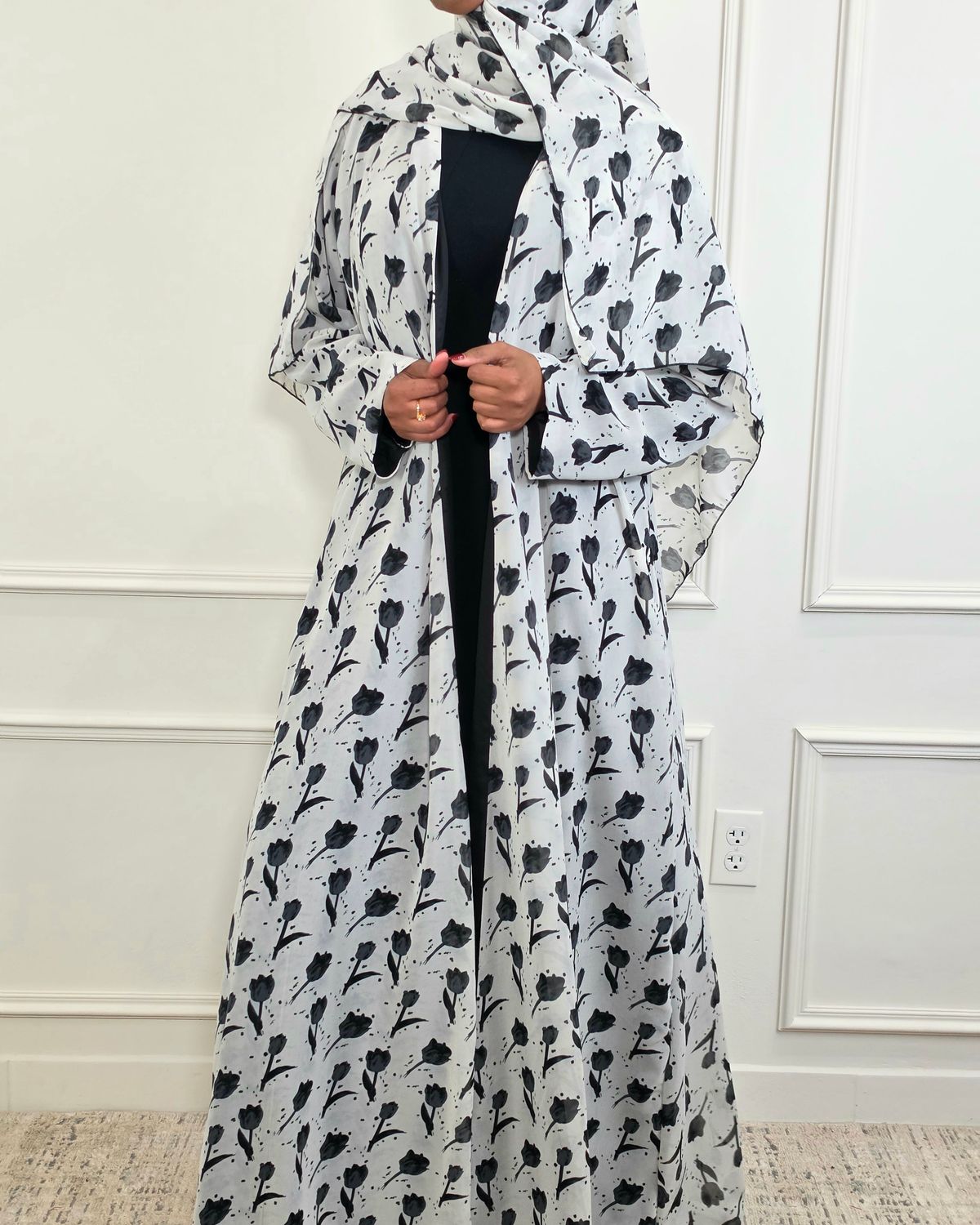 Fareeda Double Chiffon Floral Open Abaya with Matching Hijab