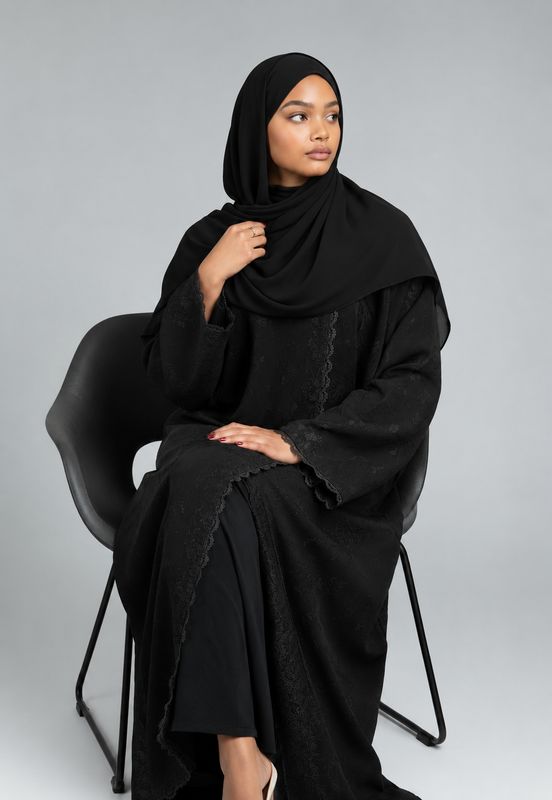 Bushra Embossed Jacquard Chiffon Open Abaya
