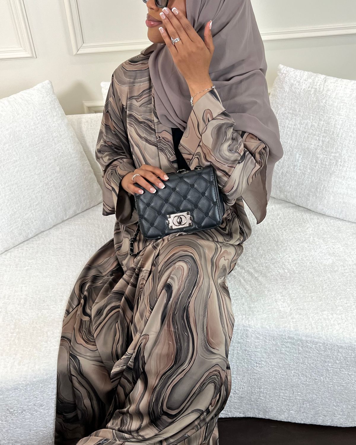 Salwa Open Satin Abaya | Luxury Marble Print