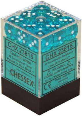Translucent 12mm d6 Teal/white Dice Block™ (36 dice)
