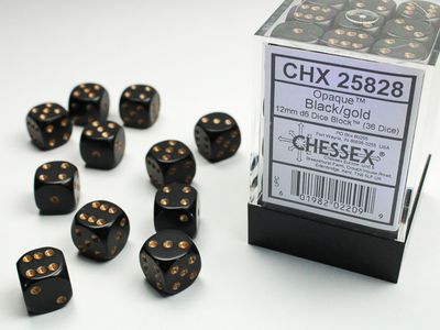 Opaque 12mm d6 Black/gold Dice Block™ (36 dice)