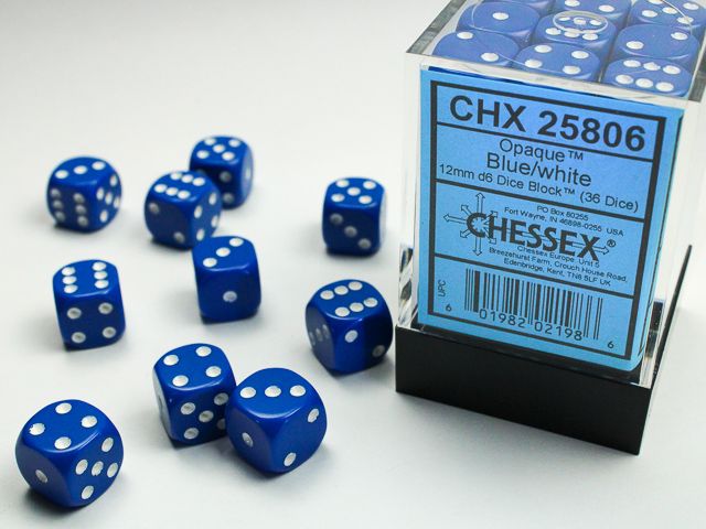 Opaque 12mm d6 Blue/white Dice Block™ (36 dice)