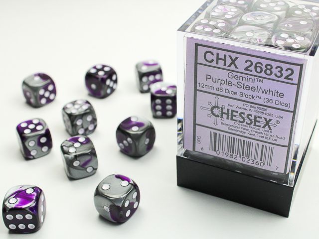 Gemini® 12mm d6 Purple-Steel/white Dice Block (36 dice)