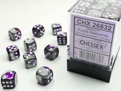 Gemini® 12mm d6 Purple-Steel/white Dice Block (36 dice)