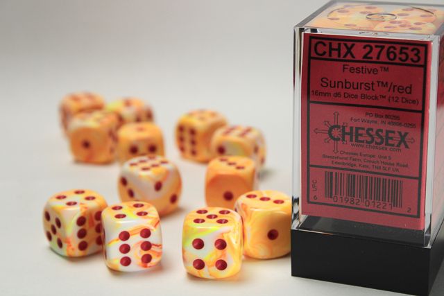 Festive® 16mm d6 w/pips Sunburst™ w/red Dice Block™ (12 dice)