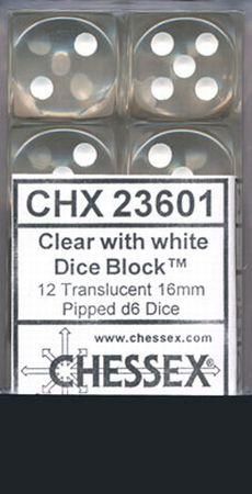 Translucent 16mm d6 Clear/white Dice Block™ (12 dice)