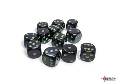 Opaque 16mm d6 Black/green Dice Block™ (12 dice)