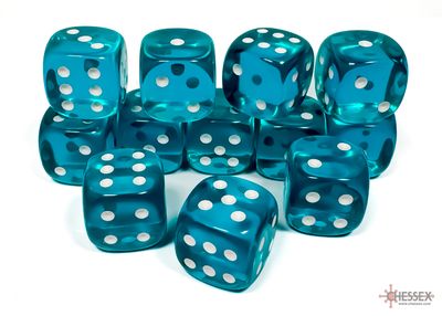 Translucent 16mm d6 Teal/white Dice Block™ (12 dice)