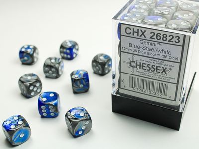 Gemini® 12mm d6 Blue-Steel/white Dice Block™ (36 dice)