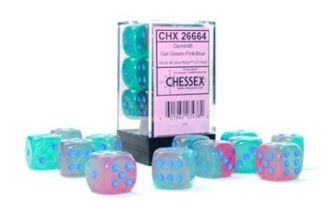 Gemini® 16mm d6 Gel Green-Pink/blue Luminary™ Dice Block™ (12 dice)