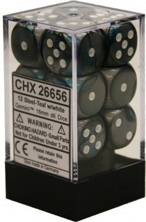 Gemini® 16mm d6 Steel-Teal/white Dice Block™ (12 dice)
