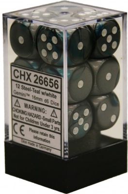 Gemini® 16mm d6 Steel-Teal/white Dice Block™ (12 dice)