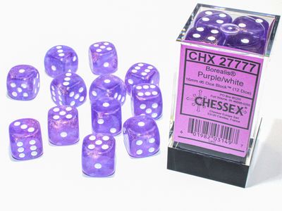 Borealis® 16mm d6 Purple/white Luminary™ Dice Block™ (12 dice)