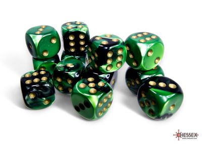 Gemini® 16mm d6 Black-Green/gold Dice Block™ (12 dice)
