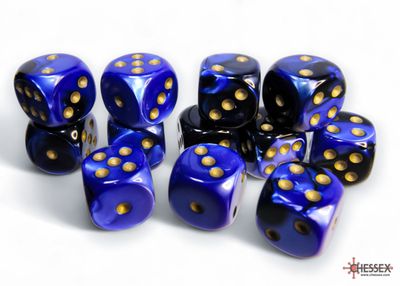 Gemini® 16mm d6 Black-Blue/gold Dice Block™ (12 dice)