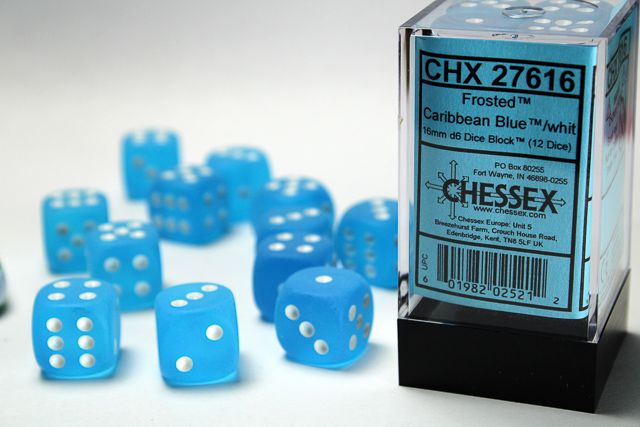 Frosted™ 16mm d6 Caribbean Blue™/white Dice Block™ (12 dice)