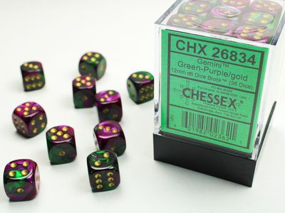 Gemini® 12mm d6 Green-Purple/gold Dice Block™ (36 dice)