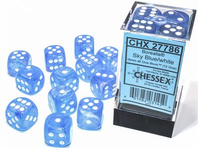 Borealis® 16mm d6 Sky Blue/white Luminary™ Dice Block™ (12 dice)
