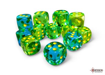 Gemini® 16mm d6 Translucent Green-Teal/yellow Dice Block™ (12 dice)