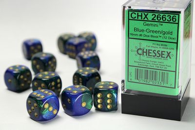 Gemini® 16mm d6 Blue-Green/gold Dice Block™ (12 dice)