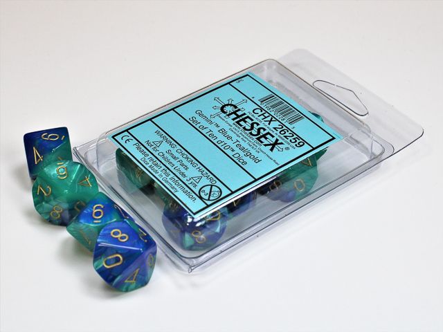 Gemini Blue-Teal/gold Set of Ten d10s