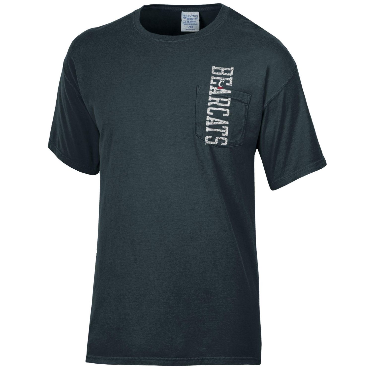 Faded Black Tee with Verticle Bearcats &amp; C-Paw over Pocket, Size: S