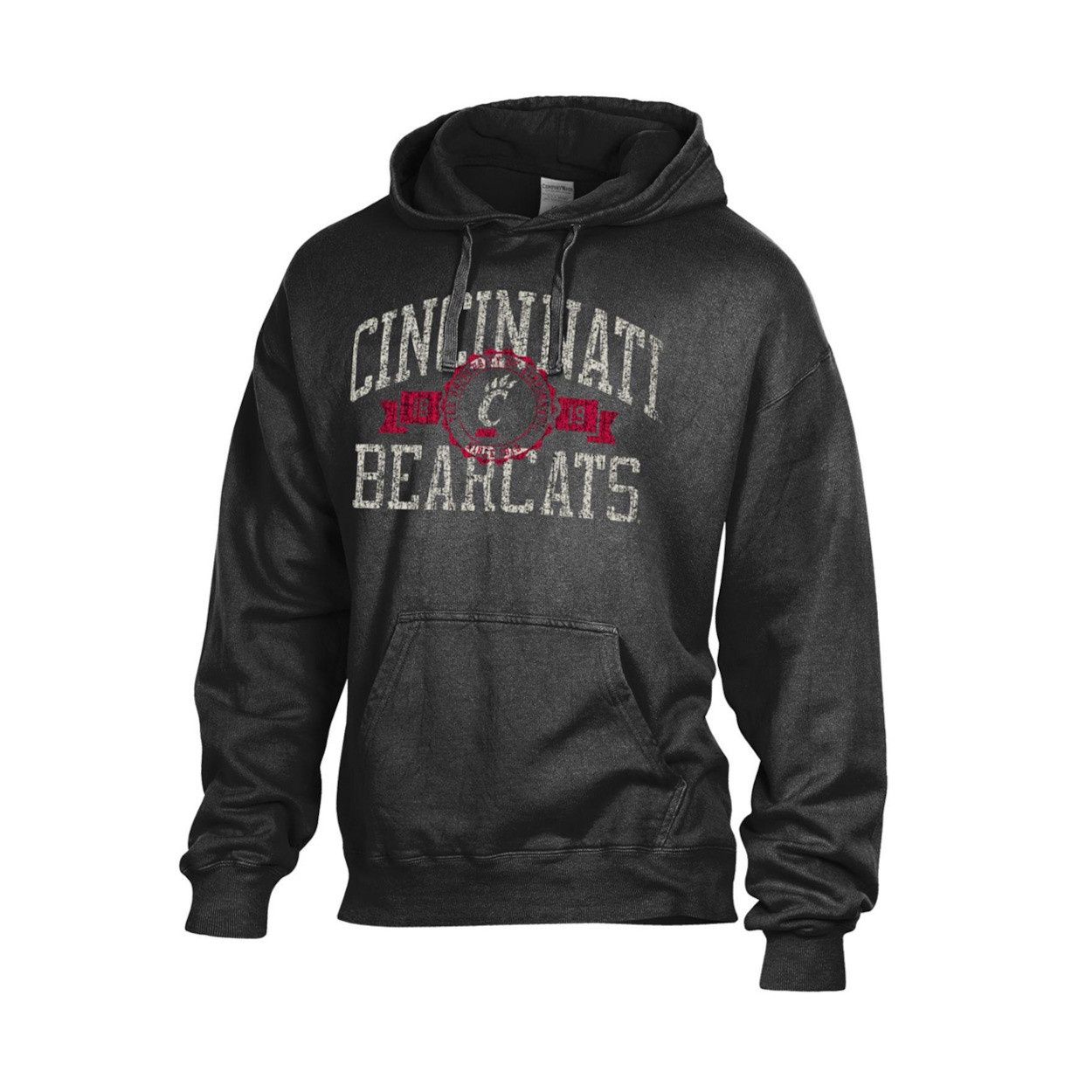 Comfort Wash Cincinnati Bearcats Faux Seal Black Hoodie, Size: S