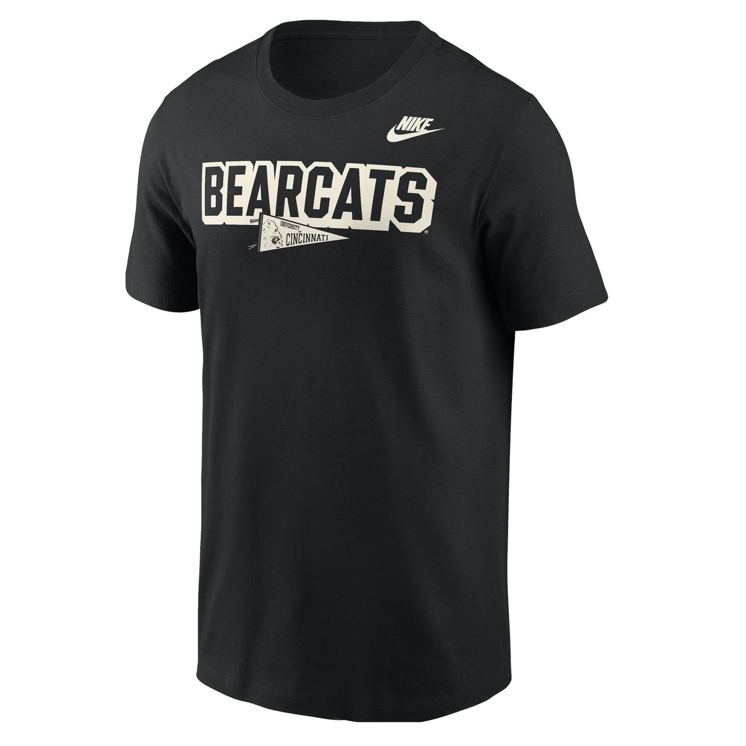Black Tee with Neutral Bearcats Cat Head Pennant, Size: S