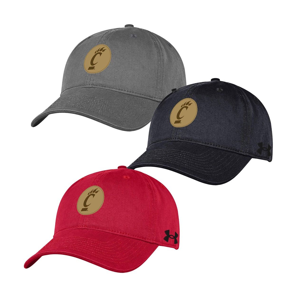 Under Armour Cincinnati C-Paw Adj. Caps w/ Cir Leather Patch, Color: BLACK