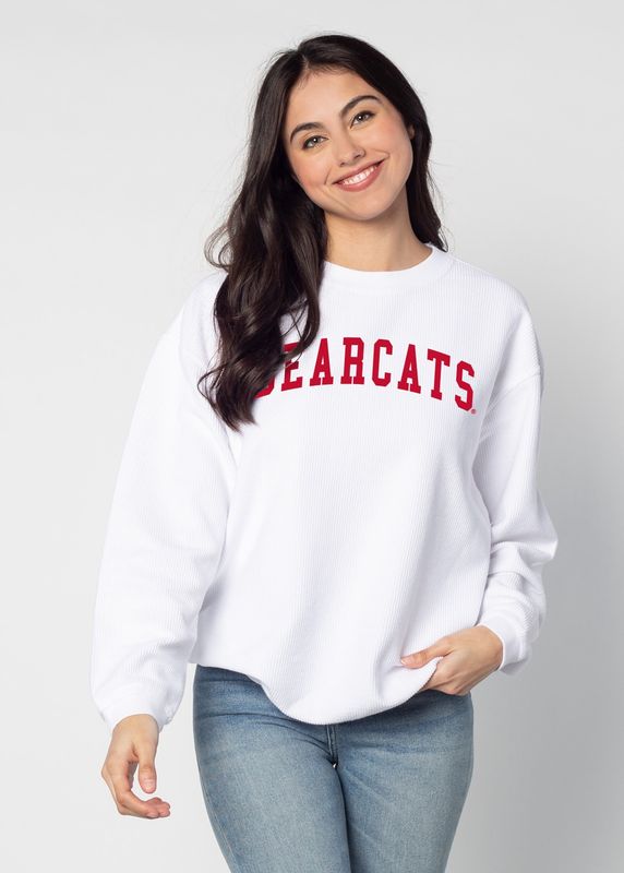Women's White Corded Crew with Arched Bearcats