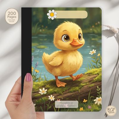 Illustrated woodland duckling composition notebook with a soft nature background, floral details, and a name label at the top