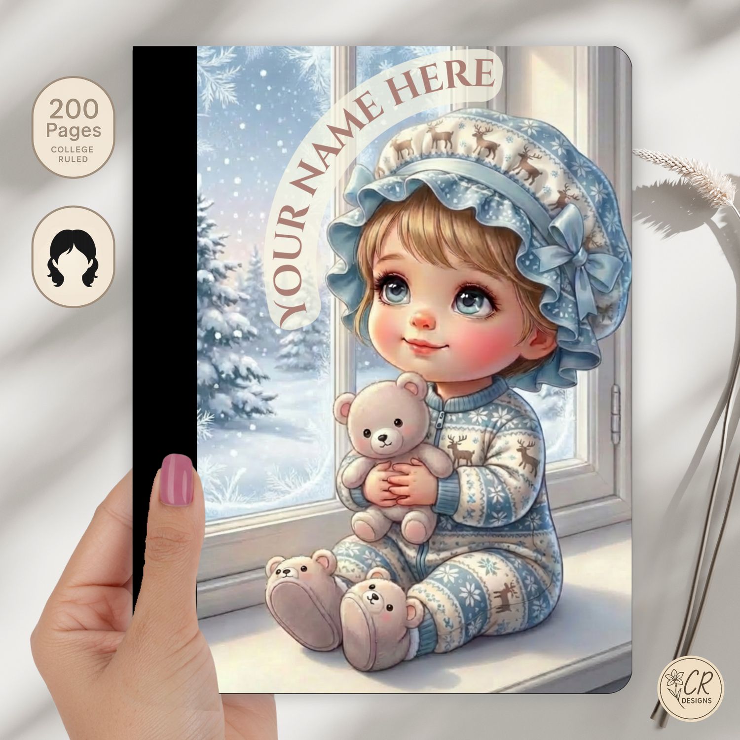 Personalized winter baby composition notebook with cozy illustrated child holding a teddy bear by a snowy window