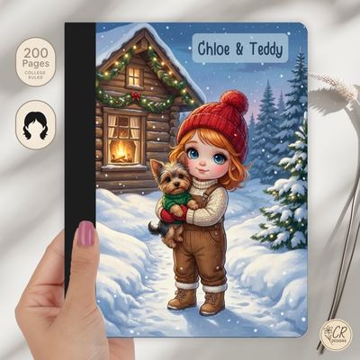 Personalized composition notebook, girl holding a yorkie pup, cottage winter theme. 